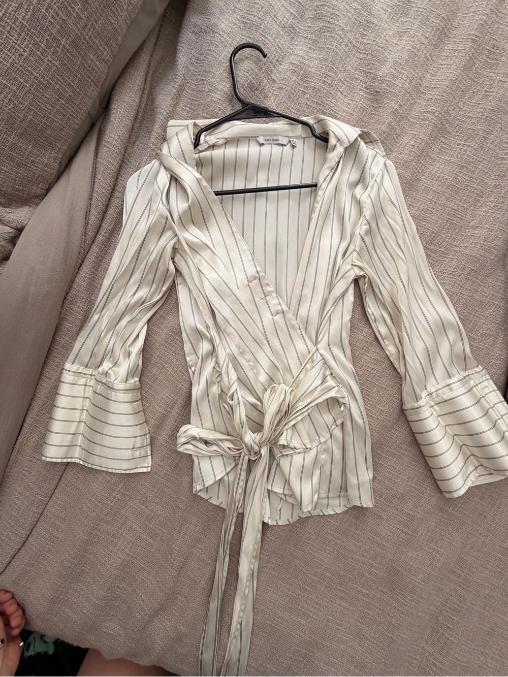 Zara Cream Pinstripe Wrap Blouse with Tie